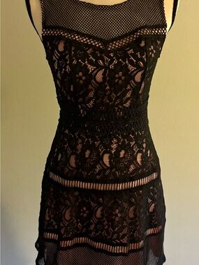 Shift Black Lace and Baby Pink Mini Dress with Mesh Insets NWT